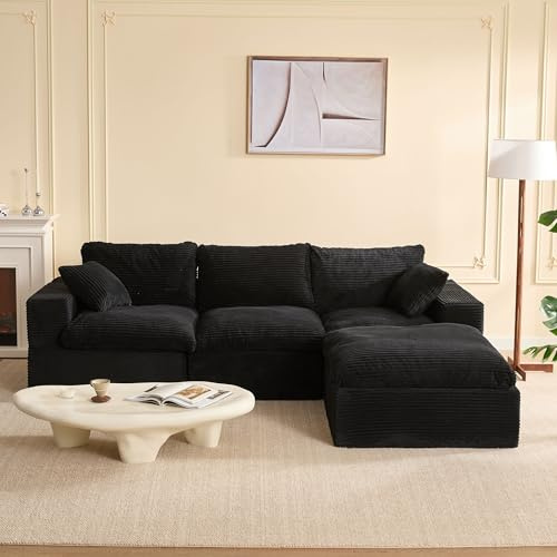 Litbird Modulares Ecksofa & Schlafsofa, 268 cm L-förmige Cloud Couch mit hochwertiger Komfortschaum, Montagefrei, Tiefe Sitzfläche, Cordstoff, Verwandlungssofa für Wohnzimmer,Schwarz