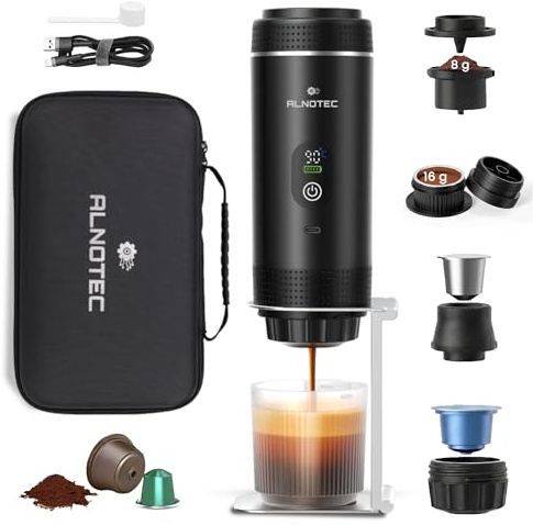 ALNOTEC Machine à Café Portable Électrique 20 Bar Auto-Chauffante – 3 EN 1 Compatible Capsules NES®, DG® et Café Moulu – 2 Adaptateurs Café Moulu 8g/16g – LED – USB-C – Sac+Support.