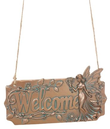 Generico Willkommensschild für den Außenbereich und Eingang, 15 cm, Ornament aus Kunstharz, rustikale Fee, zum Aufhängen, Gartendekoration, für Hof, Terrasse, Eingang, Party, Garten, im Freien