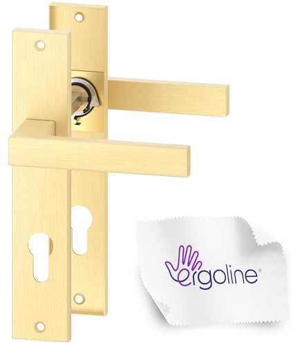 ERGO line CUBE garnitures de porte carrées, doré mat, poignée avec serrure intégrée serrure à cylindre ensemble de poignées avec rosette longue, carré de 7 mm, entraxe 70 mm, laiton brossé mat