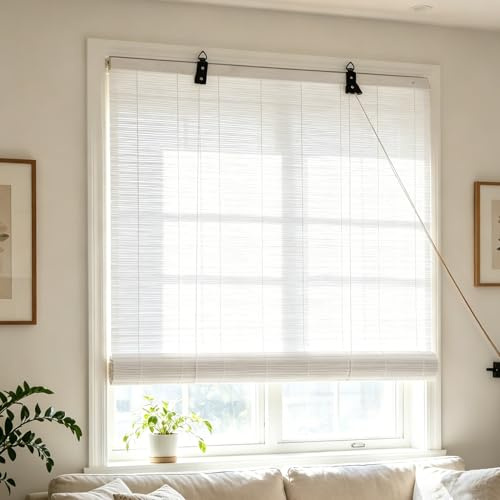 Bambusrollo für Fenster 90x200cm Weiß Sichtschutz Sonnenschutzrollo | Bambusvorhang Seitenzugrollo Raffrollo Lichtfilter Atmungsaktiv UV-Schutz Bambus Jalousie für Balkon,Innen-Außenbereich