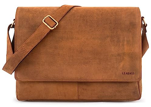 LEABAGS Oxford leather shoulder bag I laptop up to 15 inch I messenger bag made of genuine buffalo leather in vintage look I 38x10x31cm, Brown