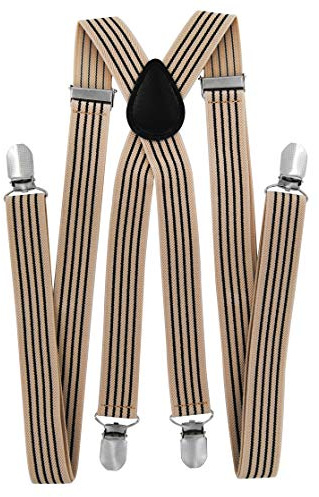 axy Hochwertige Herren Hosenträger breit 25mm mit 4 Starken Clips X-Form und Damen (Beige mit 4 Schwarz Streifen)