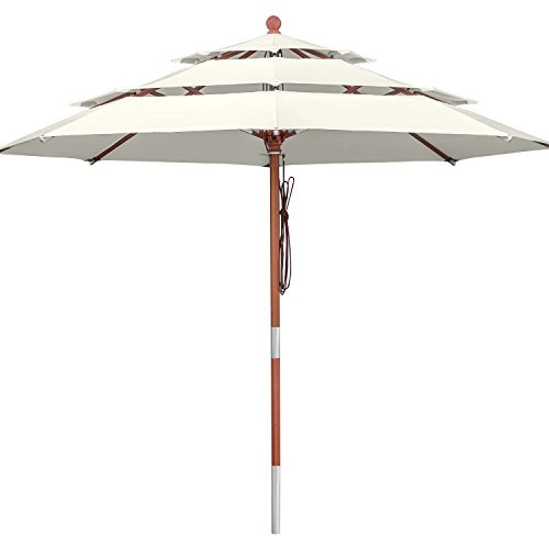 anndora Sonnenschirm 3 Etagen - 350 cm rund | sehr luftig, grün, rot, blau, natural - Teak Holz, schließt über Tisch