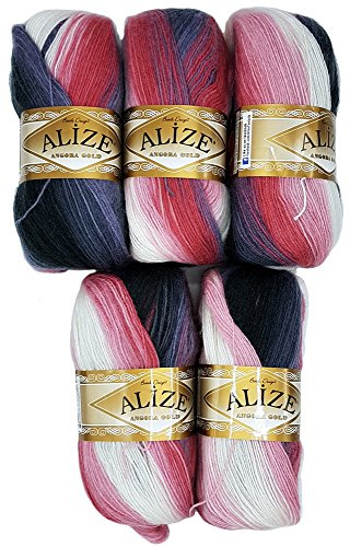 5 x 100 g Alize Strickwolle mehrfarbig mit Farbverlauf, 500 Gramm Strickgarn mit 20% Wolle-Anteil (schwarz grau beere u.a. 1602)