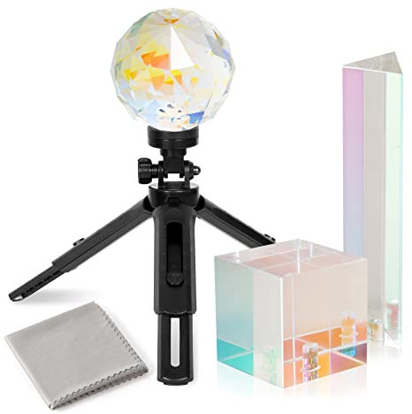 Meking 3Pcs Photography Crystal Prism with Mini Tripod, Camera Lens Optical Crystal Ball Glass, Cube and Pyramid Prism for Rainbow Effect Make Teaching Light Spectrum Physics