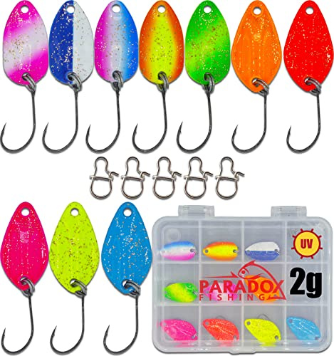Paradox Fishing Forellen Spoon Set I 10 Spoons 2,5g mit Spoon Box und 5 Snaps I Forellenköder Set zum Forellen Angeln Forellenteig - Spoons Forelle