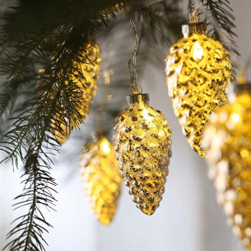 hellum LED Lichterkette Batterie Tannenzapfen 10er warmweiß (3xAA), innen | Lichterkette innen klein mit goldenen Tannenzapfen Antikfinish, beleuchtet 1,80m, Kabel transparent, für Weihnachten 521320