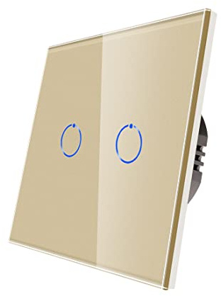 CNBINGO Interruptor de luz táctil empotrado, interruptor de pared doble en oro, superficie háptica, interruptor táctil con panel de cristal y LED de estado, 500 W/compartimento