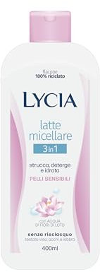 Lycia, Latte Detergente Struccante Viso, Occhi e Labbra, Formula Delicata per Pelli Sensibili con Olio di Argan e Acido Ialuronico, Idratante ed Emolliente per una Pelle Morbida e Luminosa, 400 ml