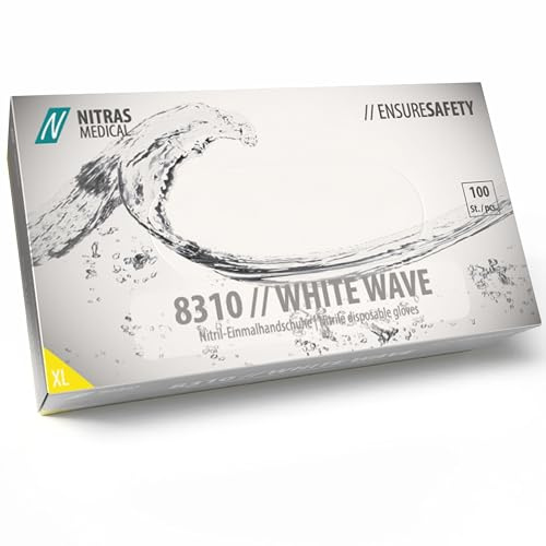 Nitras 8310 White WAVE puderfreie, unsterile, medizinische, lebensmittelgeeignete Nitril-Einmalhandschuhe Farbe weiß, 100 Stück im Spenderkarton Größe XL
