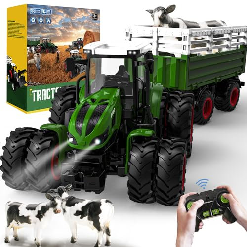 PENGBU RC Ferngesteuerter Traktor Ferngesteuert, Traktor mit Fernbedienung, Ferngesteuerter trecker ferngesteuert ab 3 Jahre, RC Traktor mit Anhänger, Licht und Kuh, Weihnachten Geschenk für Kinder