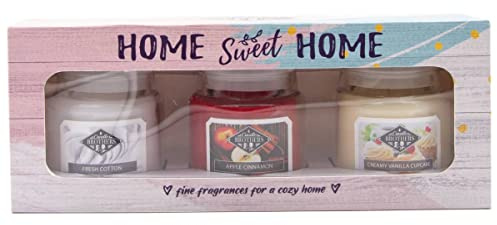 Candle-Brothers Duftkerzen Set im Glas mit Deckel | Home Sweet Home | 3 Duftkerzen als Geschenkset | Kleine Duftkerzen (Apfel Zimt, Vanille und Baumwolle) | Geschenkset für Muttertag