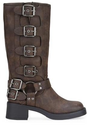 BOSANOVA Stivali Alti Stile Biker realizzati con dettaglio ad anello metallico e fibbie decorative sulla canna e suola piatta con tacco leggero da 4,7 cm senza chiusura. Scarpe da donna, marrone, 40