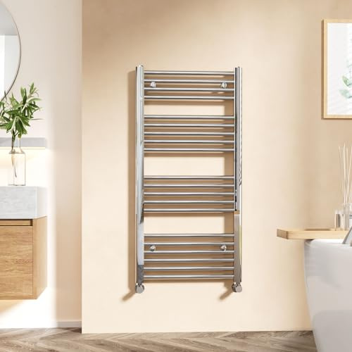 EMKE Chrome Heated Towel Rail - 1000 x 500mm, Modern Straight Wall Mounted Bathroom Radiator