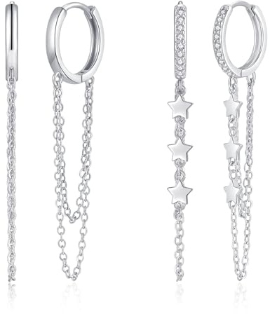 Deyanse Creolen Ohrringe Silber 925 Hängend, 2 Paar Doppelkette Creolen Hängende Ohrringe Set, Hypoallergen Tropfen Baumeln Hängeohrringe für Frauen, 54mm Silber Zirkonia Ohrhänger mit Geschenkbox
