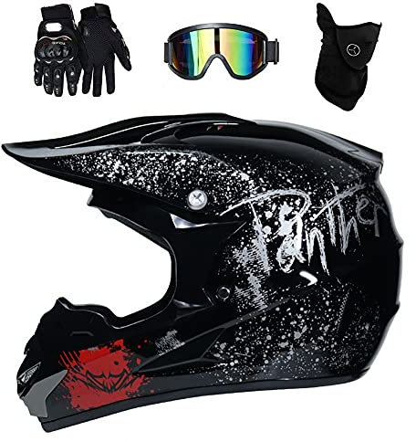 Unisex Volles Gesicht Motocross-Helm, mit Brille Handschuhe Maske, Jugend Kind Enduro Offroad Motorrad Helm, MTB ATV BMX Bergab Quad Dreckiges Fahrrad Absturz Helm, D.O.T Zertifiziert ( Color : Black