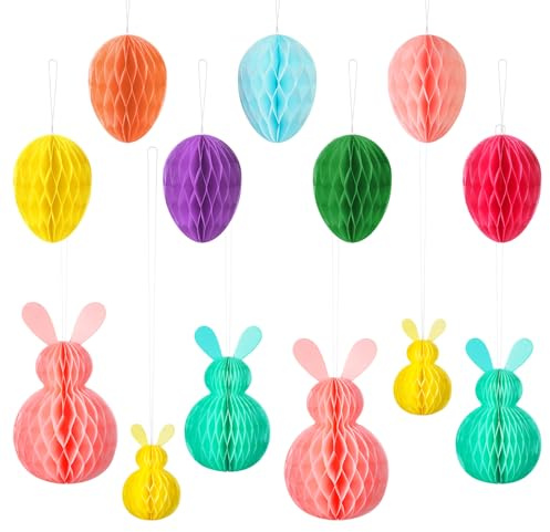 Tenare 13 Pcs Easter Hanging Decorations Easter Bunny Decorations Honeycomb Balls Paper Colorful Rabbit Eggs Ornaments for Home Tree Holiday Spring Party Supplies(Cute Style)