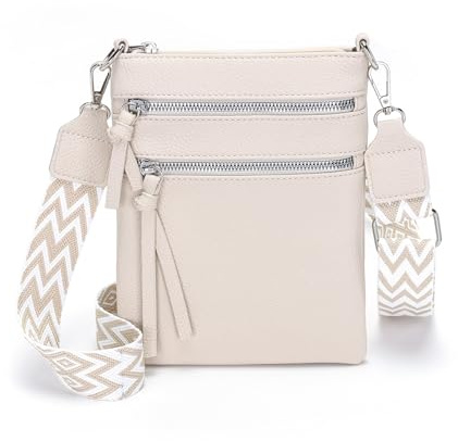Vezluax kleine Umhängetasche Damen slim Handytasche zum Umhängen Leder Crossbody Bag mit Reißverschluss Schultertasche für Frauen Reise Geschenk Beige Weiß