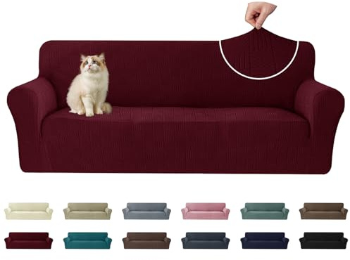 Ystyle Stretch Sofabezug 3 Sitzer, Sofa Überzug Mit Armlehnen, Burgunderrot | Elastisch Sofaüberzug, Durable Waschbar Couch bezug, Kratzfester Antirutsch Sofa Cover Für Hunde Katzen Und Haustiere