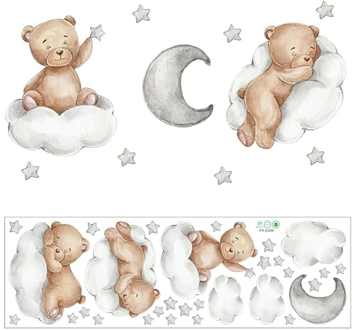Wandsticker Teddybär Stern Mond Bär Wolke Babyzimmer Selbstklebend 90x30