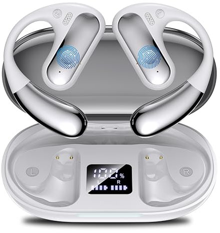 EUQQ Cuffie Conduzione Ossea Bianco - Auricolari Bluetooth Sport con Tecnologia Bluetooth 5.4, Design Aperto Ore, 50 Ore di Riproduzione, Perfetto per Sport, Corri e Attività All'Aria Aperta