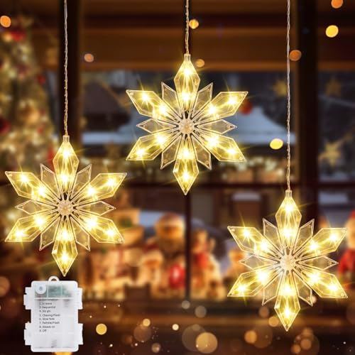 Quntis Fensterdeko 3 große Schneeflocken mit Batterie Timer Haken, 0,6m 36LED Weihnachtsdeko Innen Warmweiß, IP44 Weihnachtsbeleuchtung Außen Weihnachtslichterkette Fenster Glas Wand Tür Zimmer Balkon