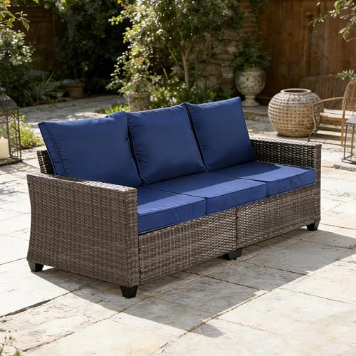 Decksplore Outdoor Couch 3-Seat Patio Couch, All-Weather Wicker Sofa Outdoor Patio Furniture with Ergonomic Back & 4.3 Cushions, Modular 2-Piece Rattan Porch Couch for Deck Backyard, Dark Blue