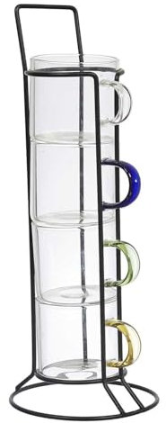 HOME DECO FACTORY - KA0498 Tasse Expresso en Verre avec Support - Design Moderne et Élégant - Idéal pour Café, Thé et Desserts - Set de 4, 80ml - Transparent, Multicolore