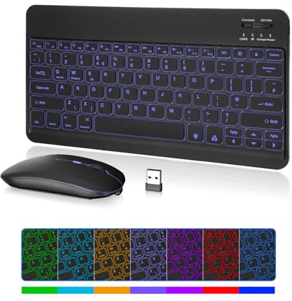 MAYPHY Backlit Mini Keyboard Mouse Combo, 7-Color Backlight Wireless Keyboard, 2.4G /BT Dual Mode for iPad, Tablets, Laptops, Silent Keys & Compact Design, UK Layout, Black