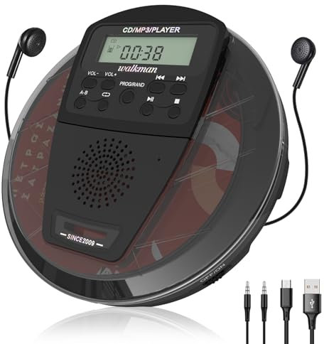 Lecteur de CD Portable, Lecteur de CD avec Haut-parleurs, avec Bluetooth, avec Haut-parleurs stéréo et écran LCD pour Voiture/Voyage (Sortie auxiliaire), Cadeaux de Noël (Black)