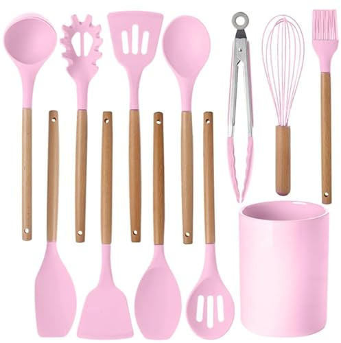 Set di 12 utensili da cucina in silicone con manici in legno, resistenti al calore, antiaderenti, con pinze, spatola, cucchiai e secchio, lavabili in lavastoviglie, per casa e campeggio (12, rosa)