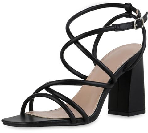 VAN HILL Damen Riemchensandaletten Blockabsatz Basic Party Schuhe 216824 Schwarz 39