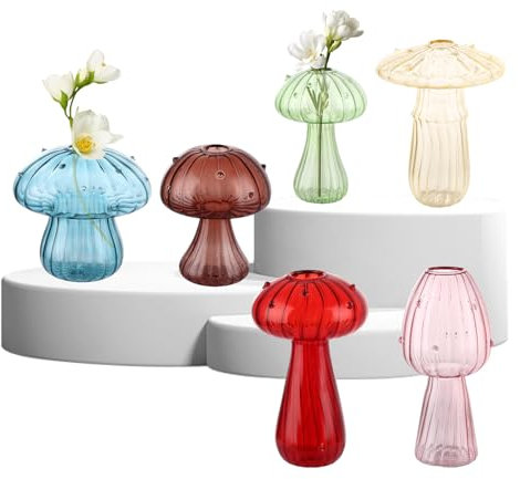 AHAQU 6PCS Coloured Glass Bud Vases, Acorn Vase, Small Vases for Flowers, Mushroom Shaped Mini Vase for Gift, Plants, Home, Living Room, Table Decoration
