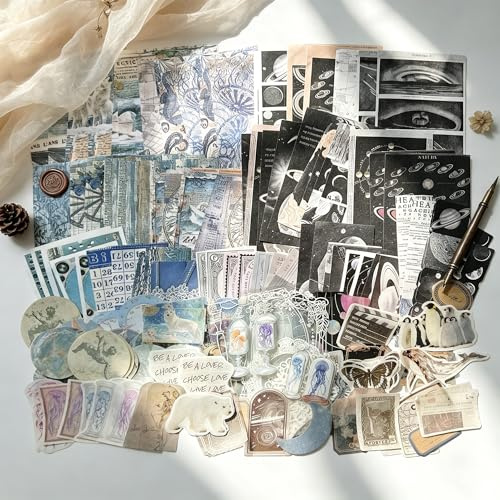 200 Stück Scrapbooking Sticker & Papier, Weltraum & Ozean Scrapbook Zubehör | Weltraum-, Mondphasen- & Ozean-Motive als Journaling Zubehör & Bullet Journal Zubehör für Junk Journal, Karten & Collagen