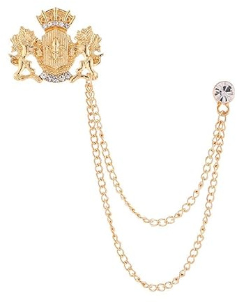 Vintage Anzug Brosche Herren Schild Löwe Krone Anzug Abzeichen Kostüm Corsage, Gold mit Kette