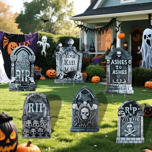 Detene Halloween Grabstein Dekoration,Halloween Outdoor grabstein - 6 Stück Große Realistische Friedhof Grabsteine mit Erdspießen, Wasserdicht Rasen-Deko für Garten Hof Party (Flach, KEIN Schaumstoff)