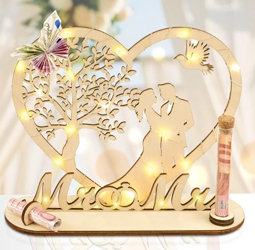 I LOVE MOM Geldgeschenk Hochzeit Holz, Mr & Mrs Hochzeitsgeschenk für Brautpaar Geld mit Herz, Lebensbaum
