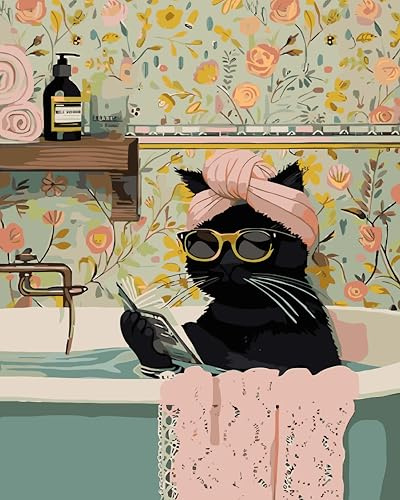 Fokenzary DIY Malen nach Zahlen Schwarze Katze Ölgemälde Leinwand für Erwachsene Anfänger mit Pinsel und Acrylfarben rahmenlos (40x50cm)