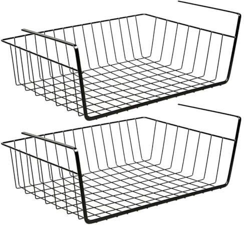 LIVHOME 2pc Under Shelf Storage Basket, Hanging Storage Baskets, Pantry Closet Organizer, Bathroom Shelf Basket, Under Desk Storage, Cabinet Cupboard Organizer for Home (Black)