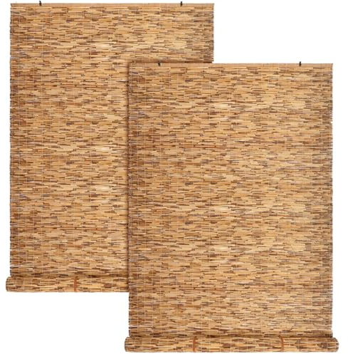 DoubleFill 2 Pcs Bamboo Shades Outdoor Reed Roll Up Blinds 36 W x 72 H Blackout Sunshade Cordless Bamboo Blinds for Home Porch, Patio & Windows Decor Shutters Sunlight Privacy Screen(Carbon Brown)