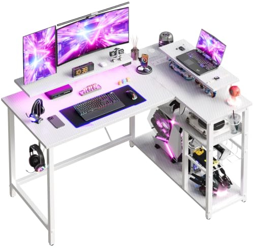 Devoko Gaming Tisch 120x80cm mit Doppel-Monitorhalterung, Weiß | Eckschreibtisch mit LED-Beleuchtung, höhenverstellbarer Ablage & Carbon-Optik, L-Form Schreibtisch mit Großer Stauraum