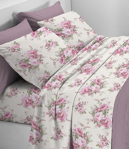 Mahome Set Completo Letto in Pregiata Flanella 100% Cotone con Trattamento Antipalline - Completo Lenzuola Caldo Cotone Morbide Artigianali Alta Qualità Made in Italy (Arianna Rosa, Piazza e Mezzo)