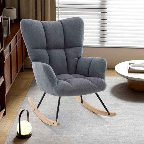 okwish Schaukelstuhl Schaukelsessel Wohnzimmer Relaxsessel mit verdickte Polsterung, geeignet für Wohnzimmer/Schlafzimmer/Balkon, Sherpa-Fleece, grau
