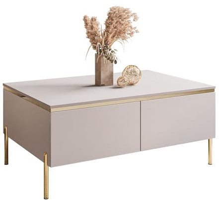 Lookway Couchtisch Aurora Kaschmir Matt mit Stauraum, auf goldenen Füßen und Goldener Dekorleiste – Modernes Wohnzimmermöbel (gerade Gold Chrom)