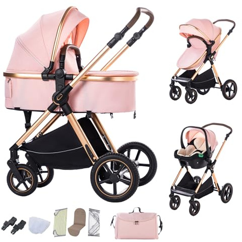 BEBBY BEBBY Cochecito de bebé 3 en 1,Carricoche Combinado Paisaje Alto Marco de Aluminio Para Recién Nacido0-22KG,Portátil Carrito Bebe 3 en 1 Con Asiento De Auto (D2-Pink, H2-D)