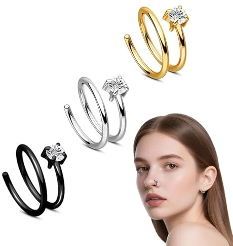 Floruvia3 Pezzi di Anelli nasali Doppi per Piercing Singoli, Anelli nasali a Spirale in Acciaio Inox 316L, Anelli per Il Naso 18G/20G per Donne, Anelli nasali Chiari con CZ
