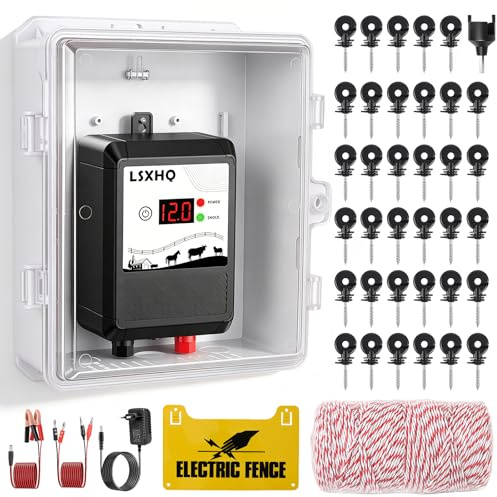 Clôture Électrique 10 km Pour Bétail Et Animaux, Électrificateur 12 kV 2.0 J Avec Câble De Clôture 200 m & 50 Isolateurs Annulaires, Protection Pour Jardin, Pâturage Et Ferme (Kit Noir)