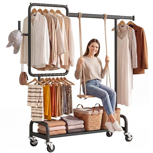 SOLEDI Robuste Kleiderstange, 200 kg, schwarzes Metallgestell mit unterteilter Kleiderstange, Schuhregal, Hutständer, tragbarer rollender Kleiderständer mit abschließbaren Rollen, stabiler