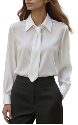 Damen Bluse mit Krawatte Vintage Satinhemd Langarm V-Ausschnitt Elegant Business Mode Locker Geschnitten Oberteil Einfarbiges Basic Shirt Stilvolle Tunika Frauen Kleidung Büro Freizeit